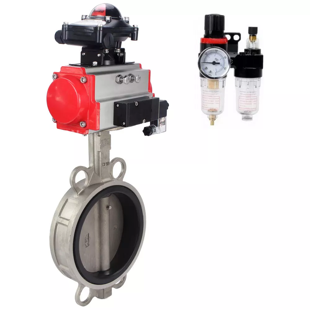 Water Butterfly Valve DNOVA WBV3232V-2W-Fb-H, body - stainless steel 316L, disk - stainless steel 316L, seal - VITON, with pneumatic drive PA-SA, with pneumatic distributor 4V320-10 220V, BKV APL-410N Ex, BPV AFC2000