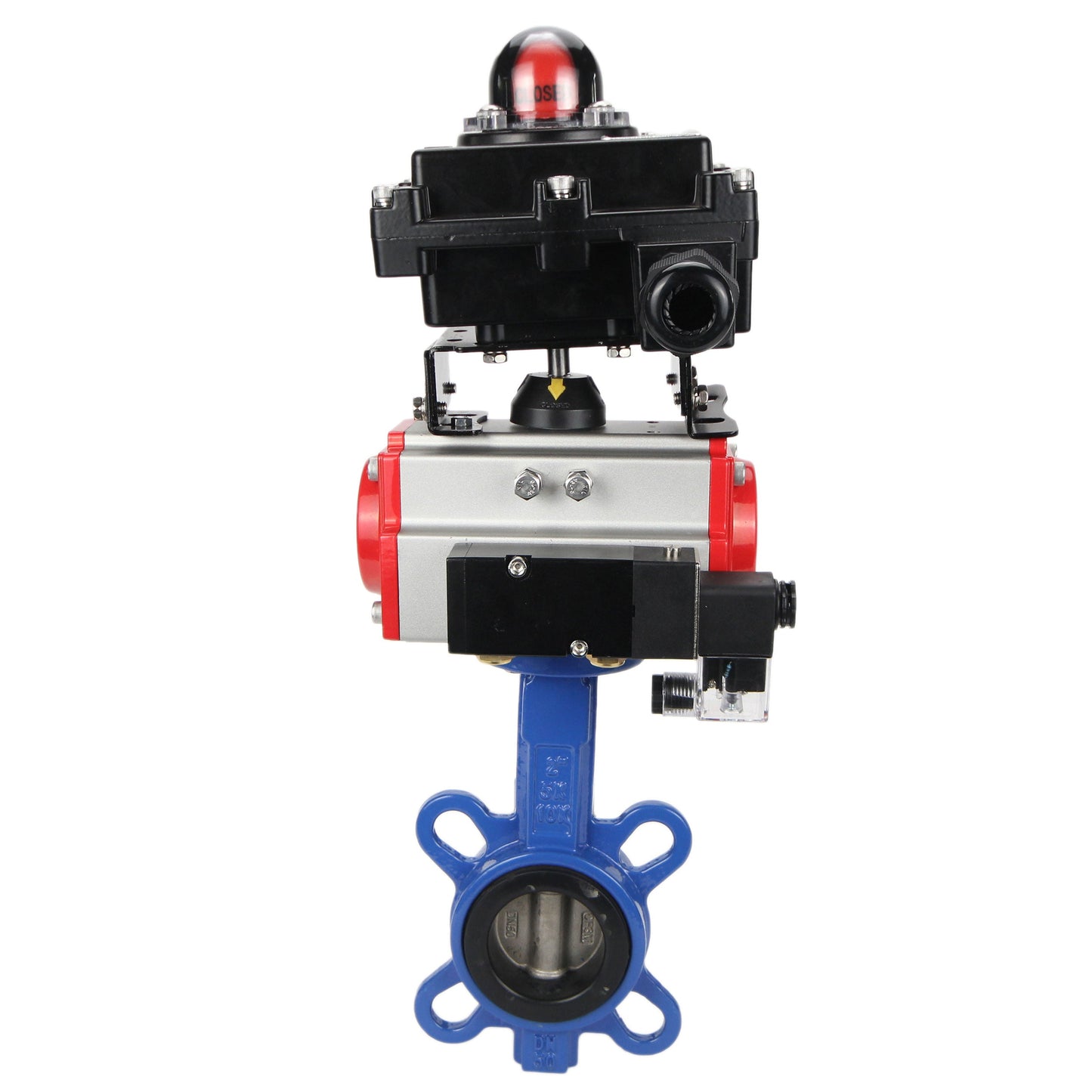 Water butterfly valve DNOVA GGG50-GGG40-EPDM body material - cast iron GGG50, disk material - cast iron GGG40, seal - EPDM with pneumatic actuator DNOVA DA, pneumatic distributor 4M310-08 24V and limit switch block APL-410N EX