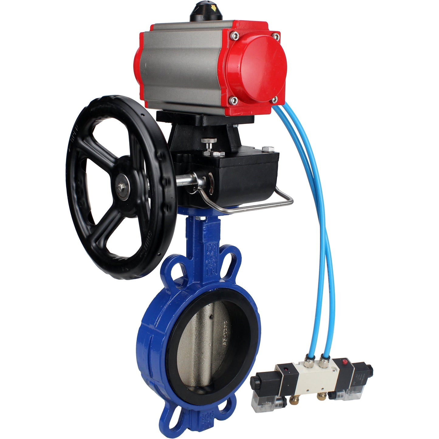 Water Butterfly Valve DNOVA WBV1413E-2W-Fb-H, body material - cast iron GGG50, disk material - cast iron GGG40, seal - EPDM, with pneumatic actuator double action PA-DA, 4V320-08 220V, handwheel MON