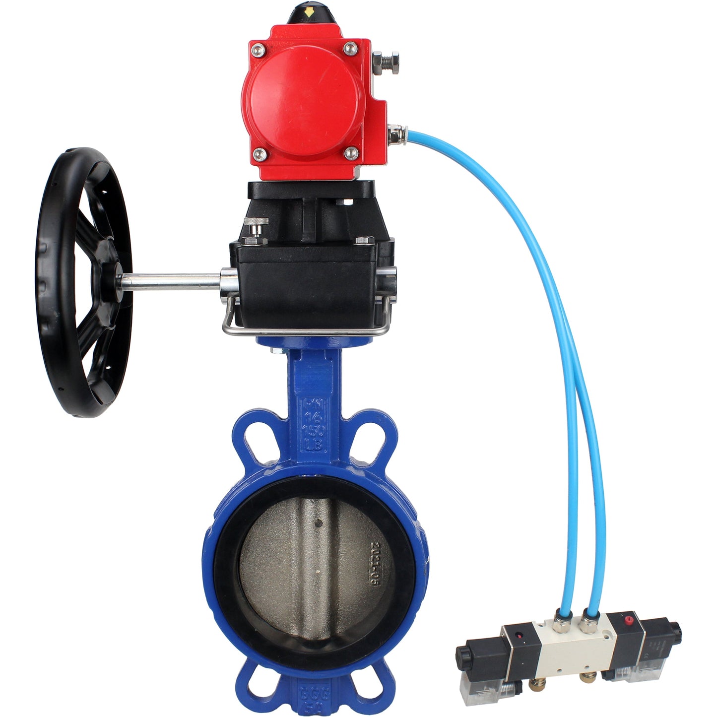 Water Butterfly Valve DNOVA WBV1413E-2W-Fb-H, body material - cast iron GGG50, disk material - cast iron GGG40, seal - EPDM, with pneumatic actuator double action PA-DA, 4V320-08 220V, handwheel MON