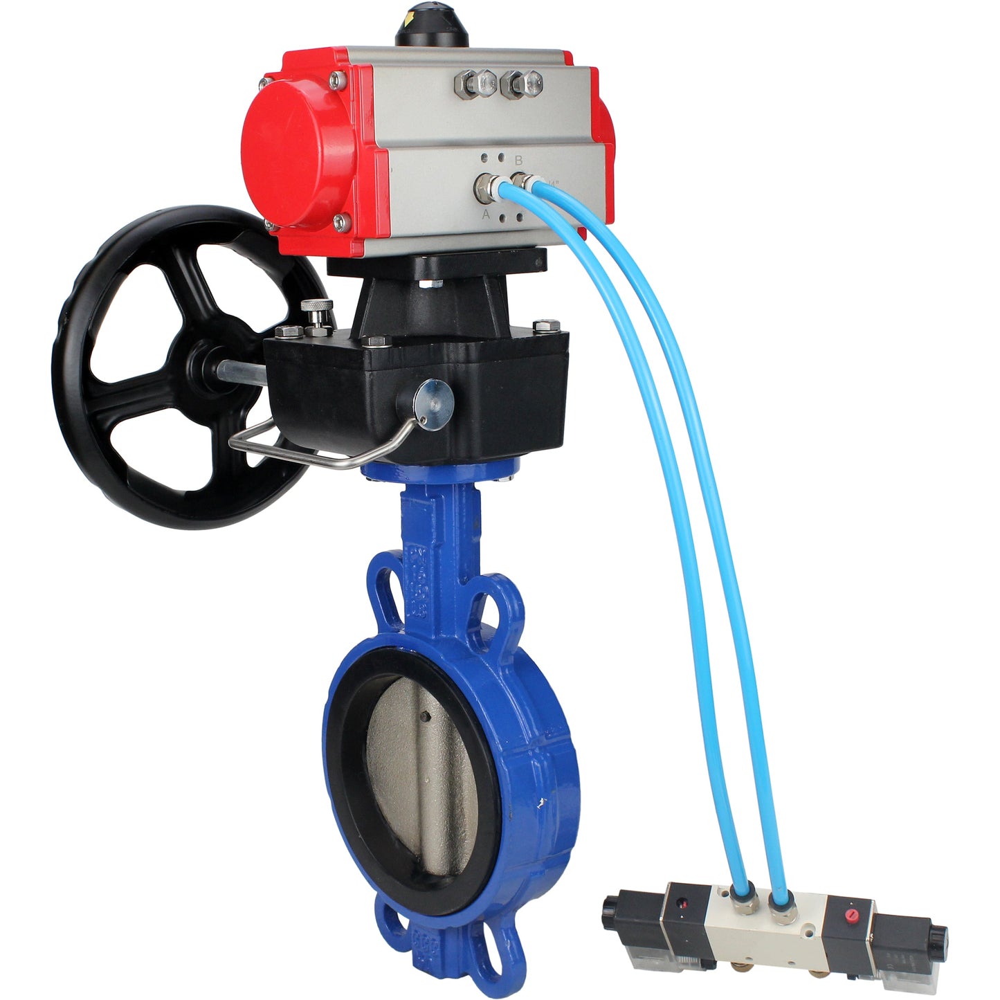 Water Butterfly Valve DNOVA WBV1413E-2W-Fb-H, body material - cast iron GGG50, disk material - cast iron GGG40, seal - EPDM, with pneumatic actuator double action PA-DA, 4V320-08 220V, handwheel MON