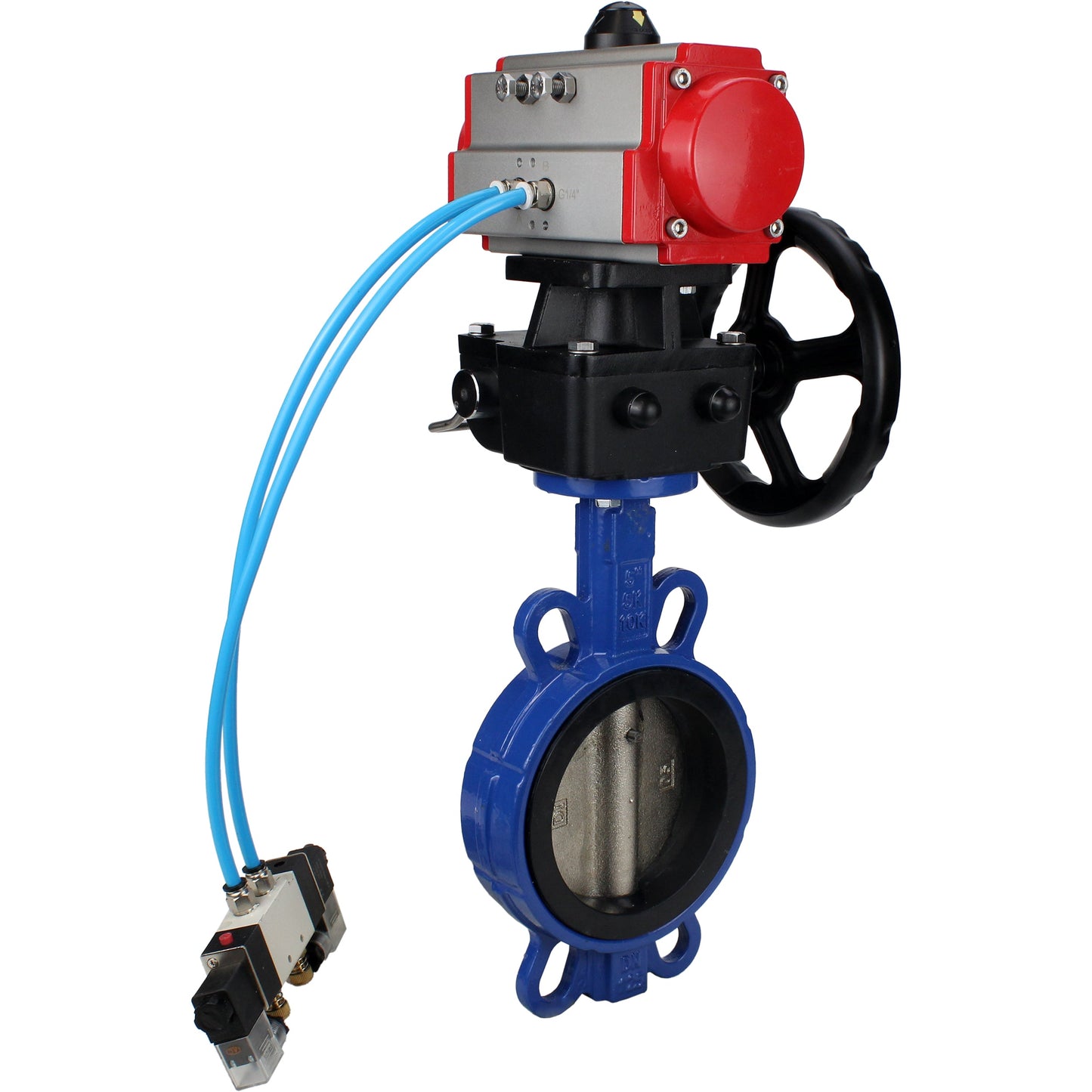 Water Butterfly Valve DNOVA WBV1413E-2W-Fb-H, body material - cast iron GGG50, disk material - cast iron GGG40, seal - EPDM, with pneumatic actuator double action PA-DA, 4V320-08 220V, handwheel MON