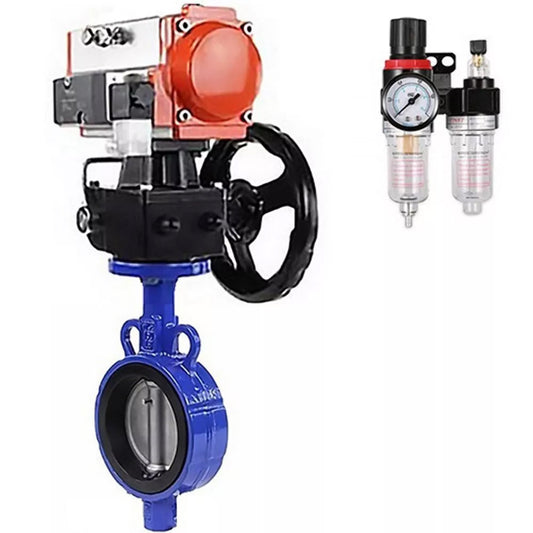 Water Butterfly Valve DNOVA WBV0232E-2W-Fb-H, body material - aluminum alloy, disk material - stainless steel AISI 316L, seal - EPDM, with pneumatic actuator double action PA-DA, handwheel MON-065, 4V320-08 220V, handwheel MON, ATU AFC2000