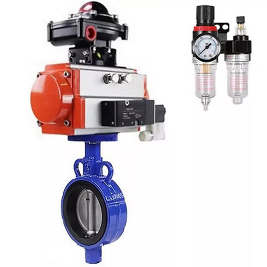 Water Butterfly Valve DNOVA WBV0232E-2W-Fb-H, body material - aluminum alloy, disk material - stainless steel AISI 316L, seal - EPDM, with pneumatic actuator with return springs PA-SA-083, 4V320-10 220V, LSU APL-410N EX, ATU AFC2000