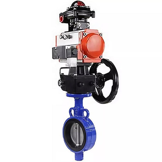 Water Butterfly Valve DNOVA WBV1132N-2W-Fb-H, body material - grey cast iron GG25, disk material - stainless steel AISI 316L, seal - NBR, with pneumatic actuator double action PA-DA, 4M310-08 NAMUR 24V, handwheel MON, LSU APL-510N-EX