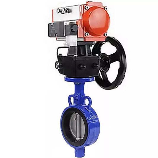 Water Butterfly Valve DNOVA WBV0232E-2W-Fb-H, body material - aluminum alloy, disk material - stainless steel AISI 316L, seal - EPDM, with pneumatic actuator double action PA-DA, handwheel MON-065, 4V320-08 220V, handwheel MON