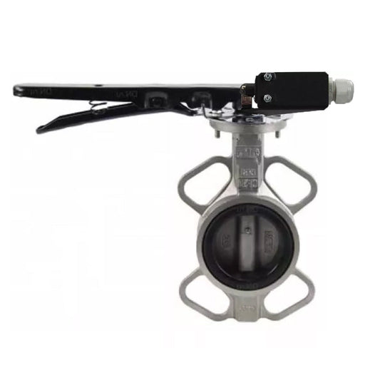 Water butterfly valve DNOVA 316L-316L-VITON body material - stainless steel AISI 316L, disk material - stainless steel AISI 316L, seal - Viton with handle, with two LS-103 250V limit switches and a bracket for mounting the limit switches