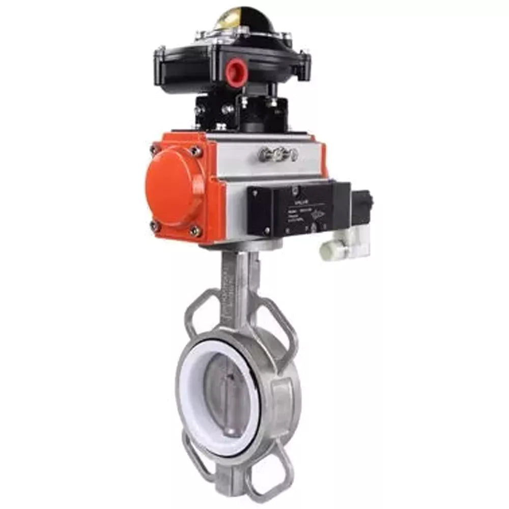 صمام فراشة الماء DNOVA WBV3232P-2W-Fb-H، مادة الجسم - الفولاذ المقاوم للصدأ AISI 316L، مادة القرص - الفولاذ المقاوم للصدأ AISI 316L، الختم - PTFE، مع مشغل هوائي مزدوج الحركة PA-DA، 4V320-08 220 فولت، LSU APL-410N EX