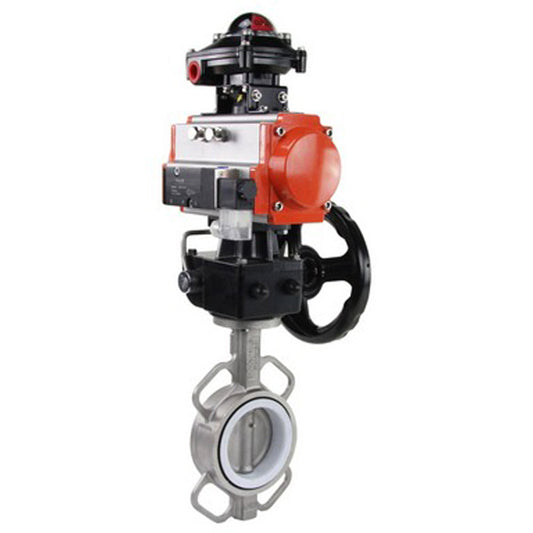 Water butterfly valve DNOVA 316L-316L-PTFE body material - stainless steel aisi 316l, disk material - stainless steel AISI 316L, seal - PTFE with pneumatic actuator DNOVA DA, with pneumatic distributor 4M310-08 220V, limit switch block APL-410N EX