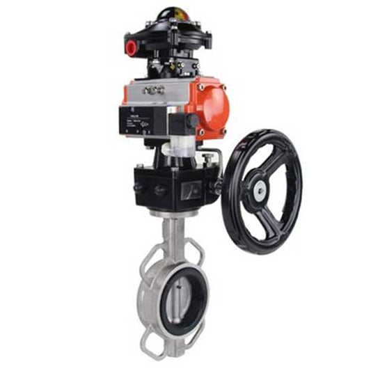 Water butterfly valve DNOVA 316L-316L-VITON body material - stainless steel aisi 316l, disk material - stainless steel AISI 316L, seal - Viton with pneumatic actuator DNOVA DA, limit switch block APL-410N EX and manual doubler HDM
