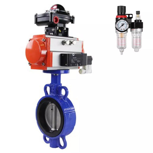 Water Butterfly Valve DNOVA WBV1432E-2W-Fb-H, body material - cast iron GGG50, disk material - stainless steel AISI 316L, seal - EPDM, with pneumatic actuator with return springs PA-SA, 4V320-08 220V, LSU APL-410N EX, ATU AFC2000