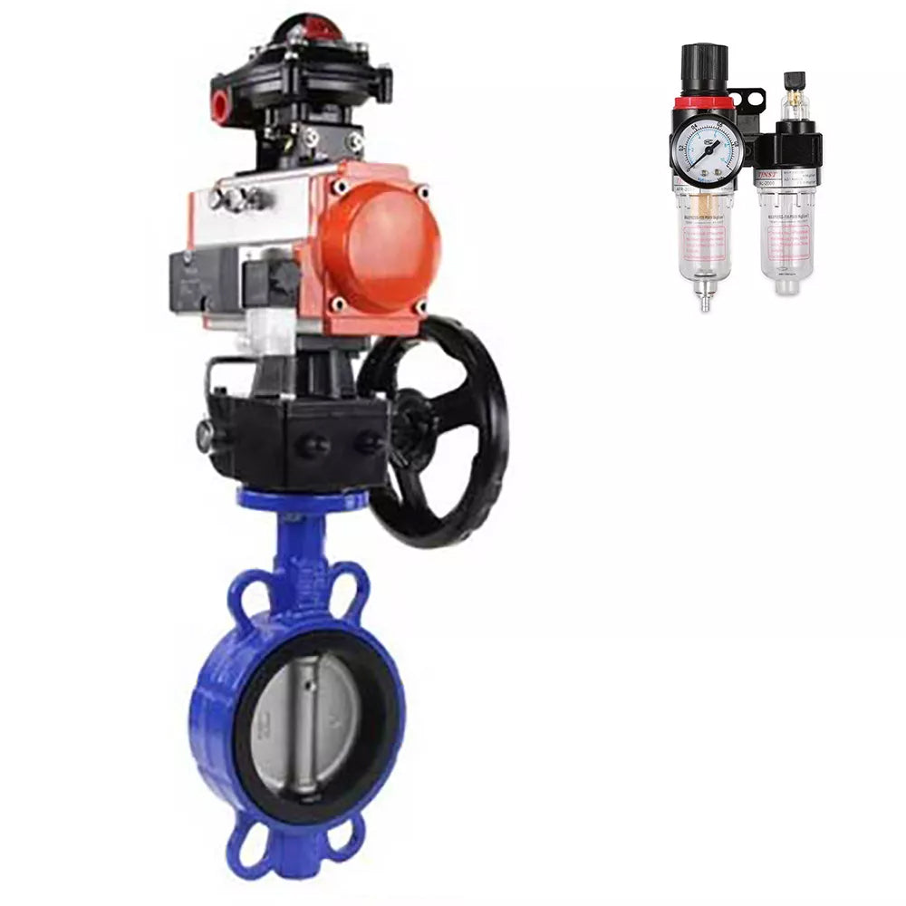 صمام فراشة الماء DNOVA WBV1413E-2W-Fb-H، مادة الهيكل - حديد زهر GGG50، مادة القرص - حديد زهر GGG40، الختم - EPDM، مع مشغل هوائي مزدوج الحركة PA-DA، 4V320-08 220 فولت، عجلة يدوية MON، LSU APL-410N EX، ATU AFC2000