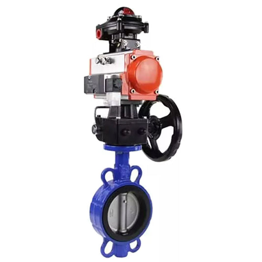 Water Butterfly Valve DNOVA WBV1413E-2W-Fb-H, body material - cast iron GGG50, disk material - cast iron GGG40, seal - EPDM, with pneumatic actuator double action PA-DA, 4M310-08 NAMUR 24V, handwheel MON, LSU APL-510N-EX