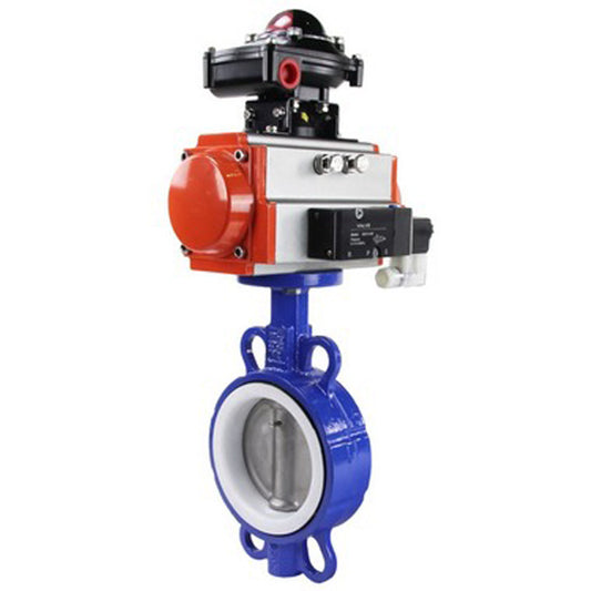 Water Butterfly Valve DNOVA WCB-316L-PTFE body material - Carbon steel WCB, disk material - Stainless steel AISI 316L, seal - PTFE with pneumatic actuator with return springs DNOVA SA, pneumatic distributor 4M310-08 220V and limit switch block