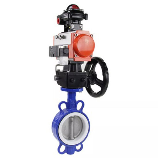 Válvula de mariposa de agua DNOVA WBV3432P-2W-Fb-H, material del cuerpo - acero al carbono, material del disco - acero inoxidable AISI 316L, sello - PTFE, con actuador neumático de doble acción PA-DA, 4V320-08 220V, volante MON, LSU APL-210N