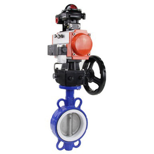 Water Butterfly Valve DNOVA WCB-316L-PTFE body material - Carbon steel WCB, disk material - Stainless steel AISI 316L, seal - PTFE with pneumatic actuator DNOVA DA, pneumatic distributor 4M310-08 220V, limit switch block APL-410N EX and manual