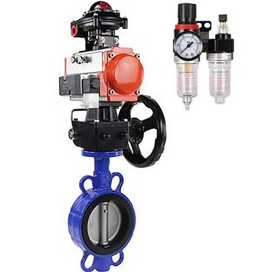 Water butterfly valve DNOVA GG25-316L-NBR body material - cast iron GG25, disk material - stainless steel 316L, seal - NBR with pneumatic actuator DA, pneumatic distributor 4M310-08 220V, limit switch block APL-410N EX, manual doubler HDM and air