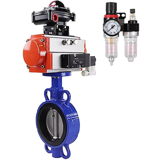 Water butterfly valve DNOVA GG25-316L-NBR body material - cast iron GG25, disk material - stainless steel 316L, seal - NBR with pneumatic actuator DA, pneumatic distributor 4M310-08 220V, limit switch block APL-410N EX and air filter regulator AFC2000