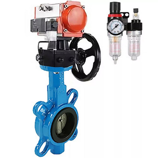 Water Butterfly Valve DNOVA WBV1132N-2W-Fb-H, body material - grey cast iron GG25, disk material - stainless steel AISI 316L, seal - NBR, with pneumatic actuator double action PA-DA, 4V320-08 220V, handwheel MON, ATU AFC2000