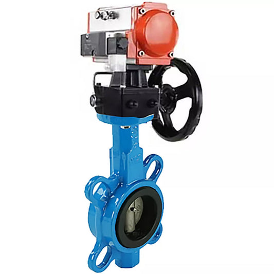 Water Butterfly Valve DNOVA WBV1132N-2W-Fb-H, body material - grey cast iron GG25, disk material - stainless steel AISI 316L, seal - NBR, with pneumatic actuator double action PA-DA, 4V320-08 220V, handwheel MON