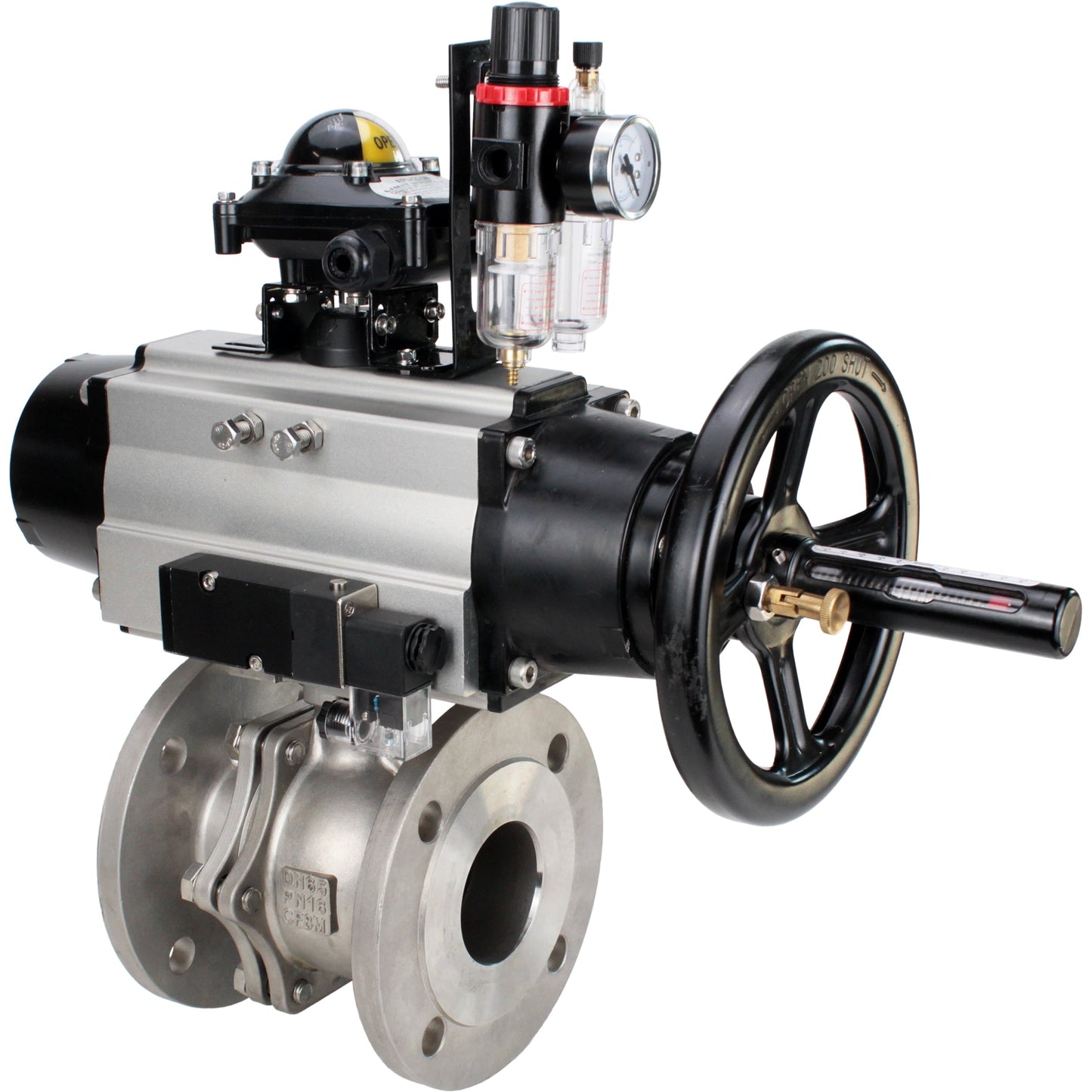 Ball valves DNOVA BV3232P(2pc)-FP-F-ISO-H DN80-100 16 bar, full bore flanged, stainless steel SS316, seal - PTFE, with pneumatic actuator PA-DA-105-1 double acting, with pneumatic distributor 4M310-08 24V , with LSU APL-210N, with ATU AFC2000