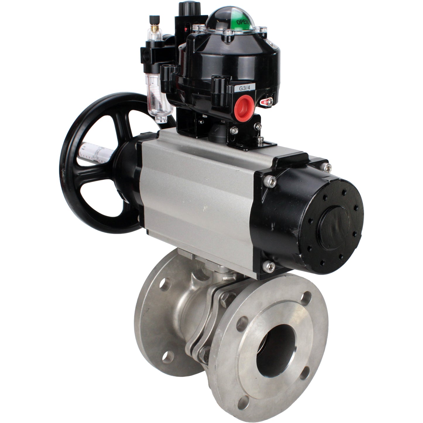 Ball valves DNOVA BV3232P(2pc)-FP-F-ISO-H DN80-100 16 bar, full bore flanged, stainless steel SS316, seal - PTFE, with pneumatic actuator PA-DA-105-1 double acting, with pneumatic distributor 4M310-08 24V , with LSU APL-510N EX, with ATU AFC2000
