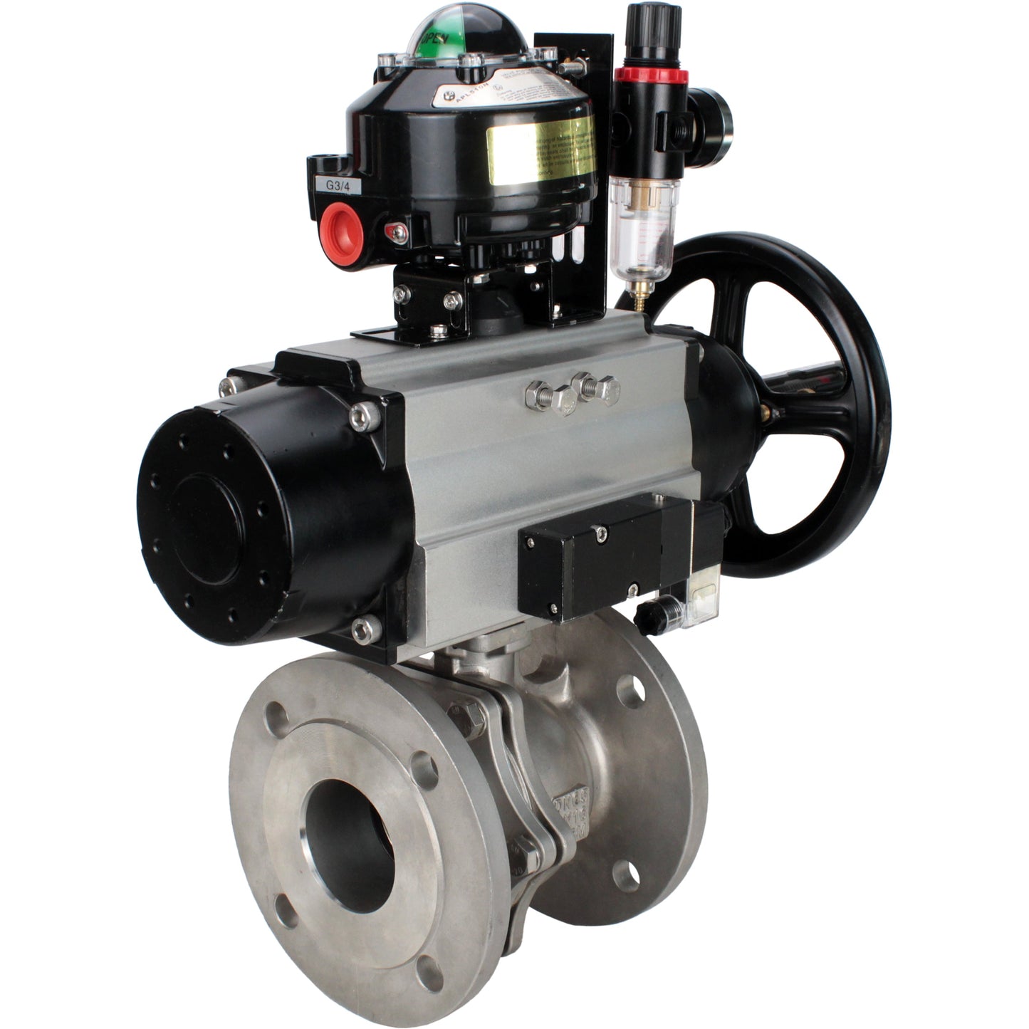 Ball valves DNOVA BV3232P(2pc)-FP-F-ISO-H DN80-100 16 bar, full bore flanged, stainless steel SS316, seal - PTFE, with pneumatic actuator PA-DA-105-1 double acting, with pneumatic distributor 4M310-08 24V , with LSU APL-510N EX, with ATU AFC2000