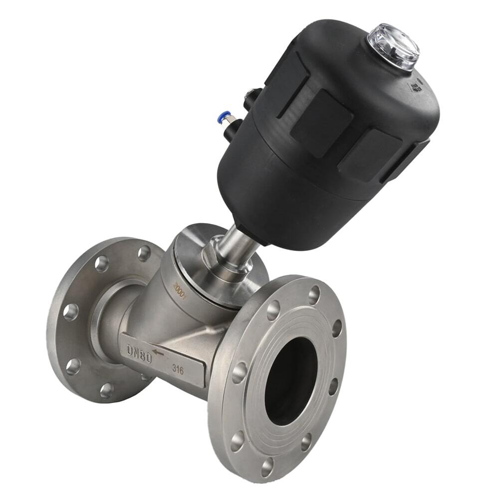 Pneumatic valve DNOVA VS324PV-F-1PNC, body material - stainless steel CF8M, flanged, Y-shaped