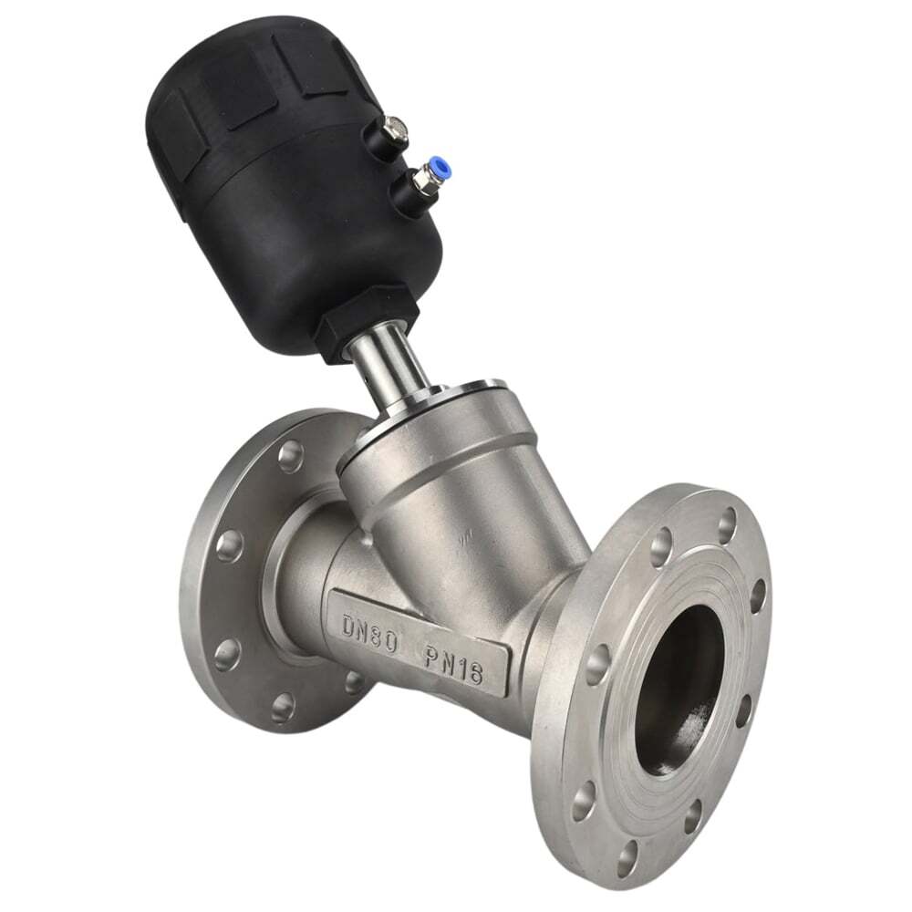 Pneumatic valve DNOVA VS324PV-F-1PNC, body material - stainless steel CF8M, flanged, Y-shaped