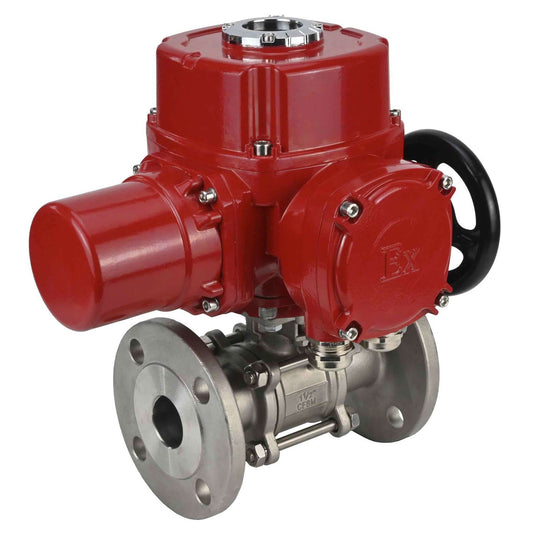 Stainless steel ball valve DNOVA BVFPT.316.180 three-part, body material - stainless steel SS316, seal - PTFE, flanged, full port, quarter-turn electric actuator DNOVA QT-W (M) EX 380 V