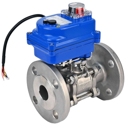 Stainless steel ball valve DNOVA BVFPT-ISO.304.180 three-part, body material - stainless steel SS304, seal - PTFE, flanged, full port, electric actuator DNOVA 003 blue 24 V