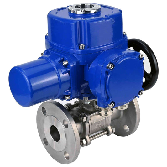Stainless steel ball valve DNOVA BVFPT.316.180 three-part, body material - stainless steel SS316, seal - PTFE, flanged, full port, quarter-turn electric actuator DNOVA QT-W (M) 220 V