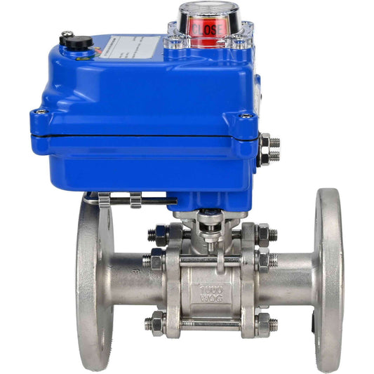 Stainless steel ball valve DNOVA BVFPT-ISO.304.180 three-part, body material - stainless steel SS304, seal - PTFE, flanged, full port, electric actuator DNOVA 003 blue 220 V