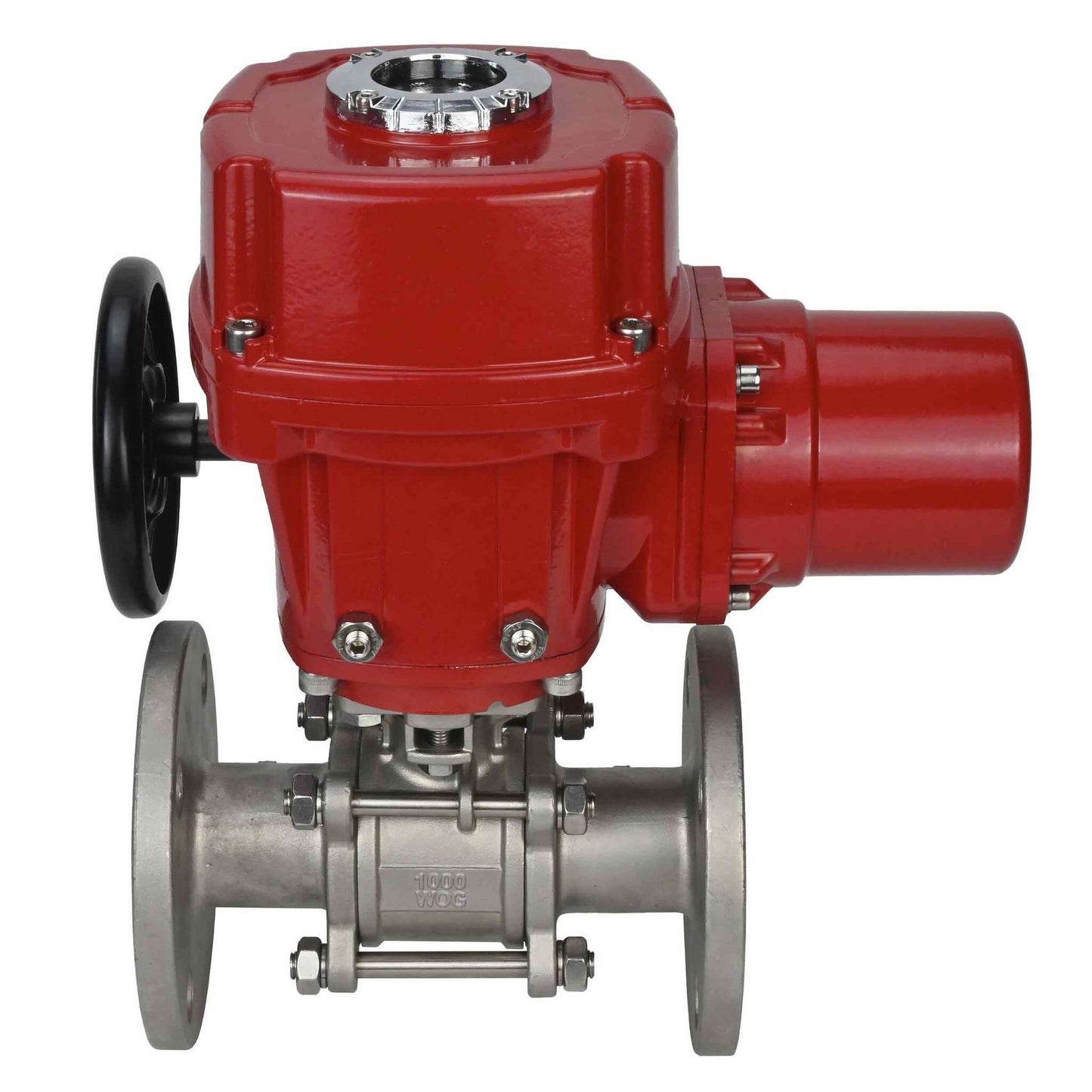 Válvula de bola de acero inoxidable DNOVA BVFPT.316.180 de tres piezas, material del cuerpo: acero inoxidable SS316, junta: PTFE, brida, paso completo, actuador eléctrico de cuarto de vuelta DNOVA QT-W (M) EX 220 V