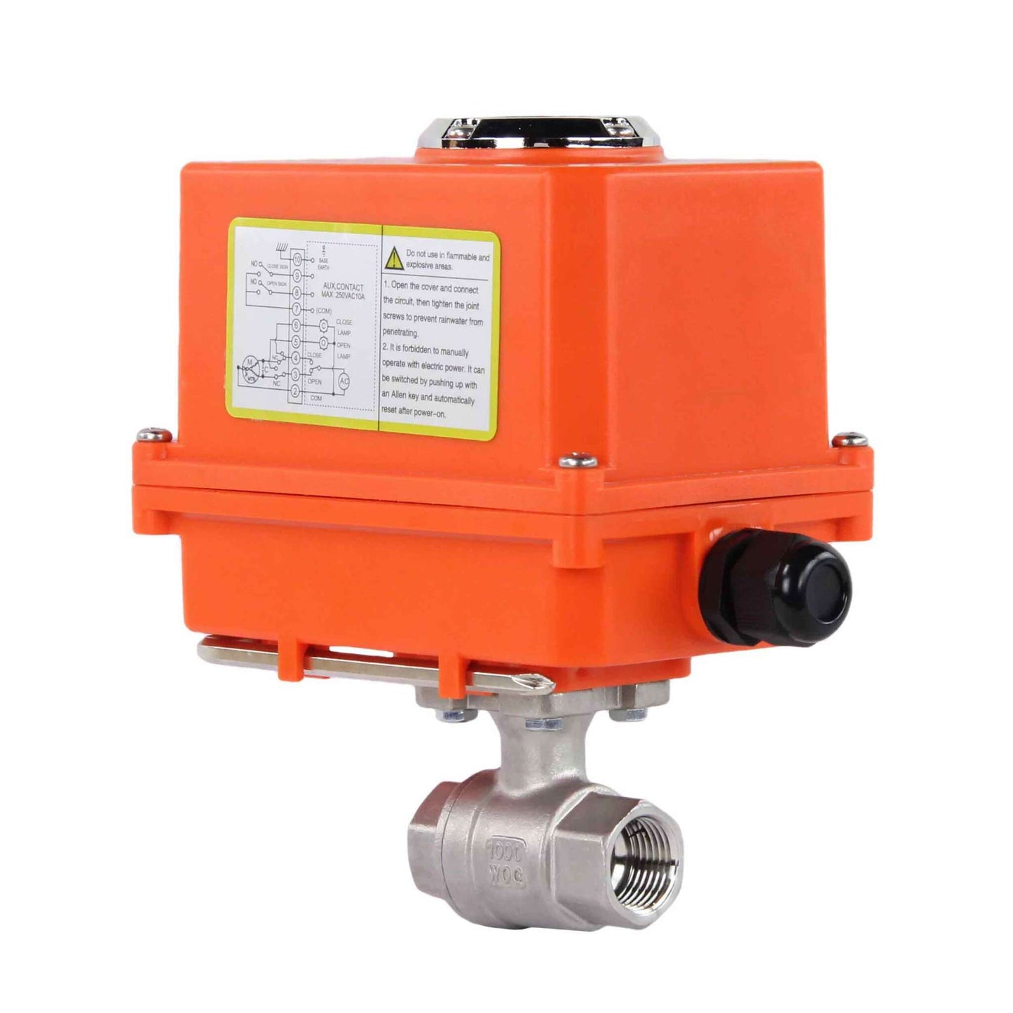Stainless steel ball valve DNOVA BVMP.316.230-ISO PSI914, body material - stainless steel AISI 316, ball material - stainless steel AISI 316, seal - PTFE, threaded, quarter-turn electric actuator DNOVA-110/220Р’