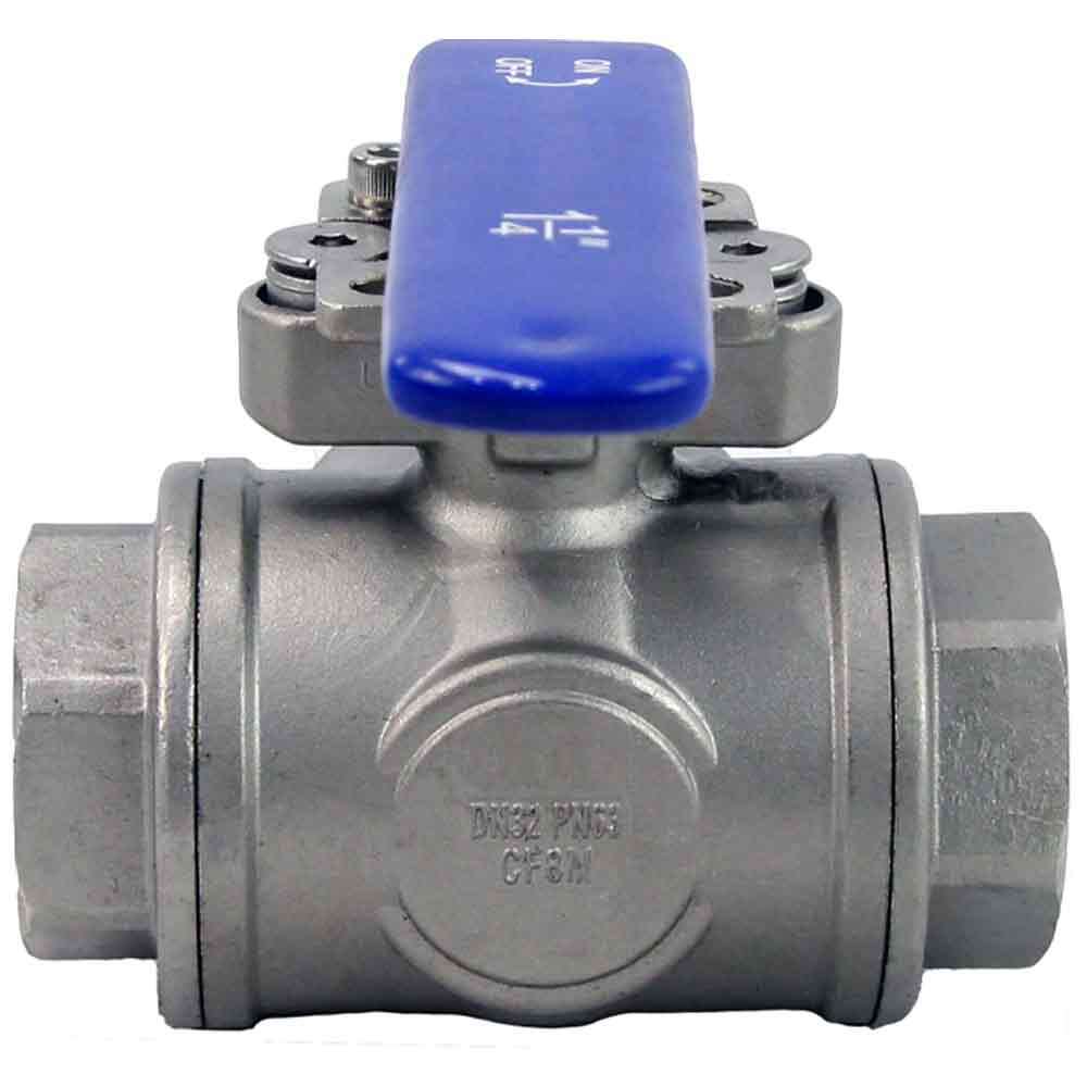 Stainless steel ball 3-way valve Threaded NPT/BSP T-type standard port DNOVA BV3232P(4pc)-SP-3WT-T-ISO-H with ISO 5211 mounting pad and handle