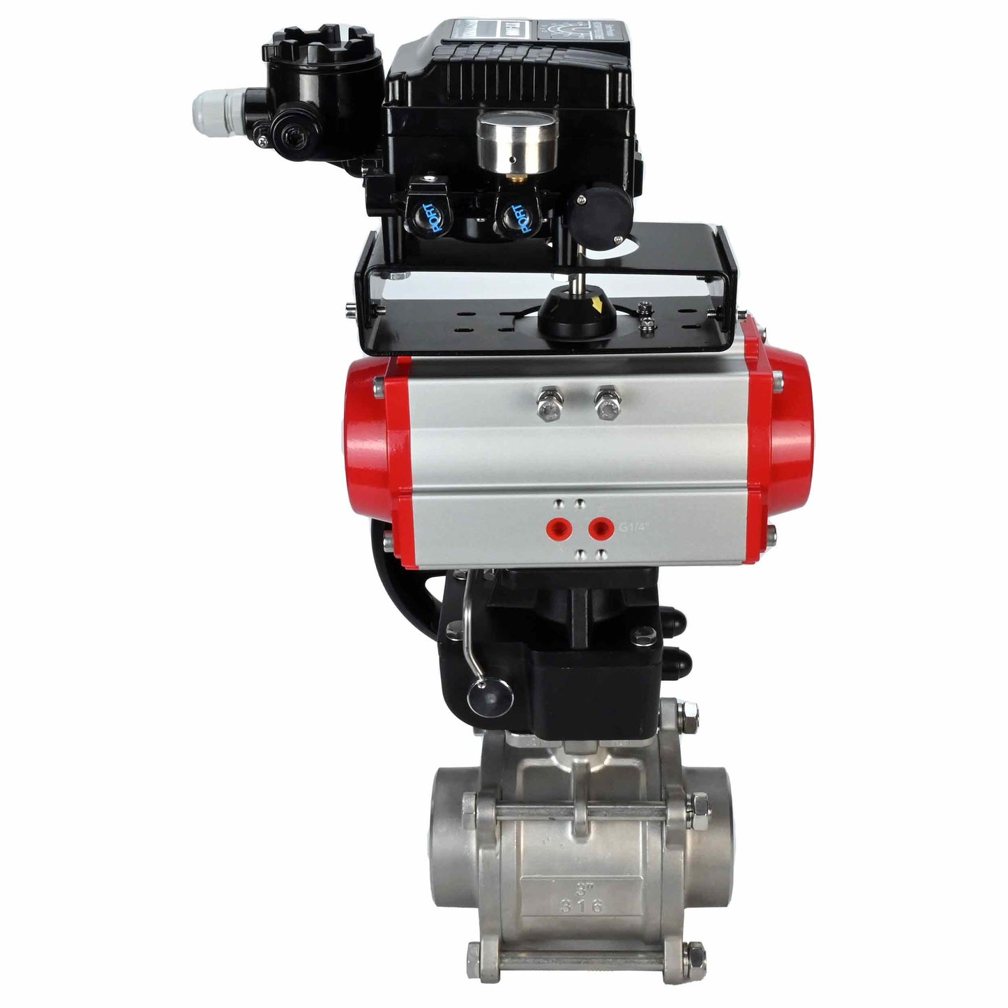 صمام كروي من الفولاذ المقاوم للصدأ DNOVA kshpp-316200-da-yt1000rsi-hdm، مادة الجسم - الفولاذ المقاوم للصدأ AISI 316، مادة الكرة - الفولاذ المقاوم للصدأ AISI 316، الختم - PTFE، مشغل هوائي.