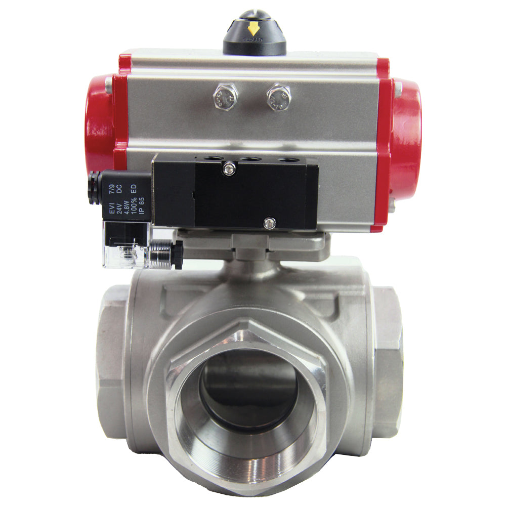 Stainless steel ball valve DNOVA 3h-l-rpss316200mm-iso-pnevpr-sa-rasp-24v, body material - stainless steel AISI 316, ball material - stainless steel AISI 316, seal - PTFE, pneumatic actuator operated