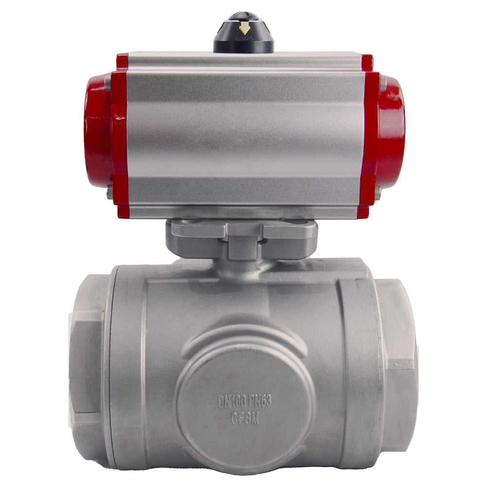 Stainless steel ball valve DNOVA 3h-l-rpss316200mm-iso-pnevpr-sa-rasp-24v, body material - stainless steel AISI 316, ball material - stainless steel AISI 316, seal - PTFE, pneumatic actuator operated