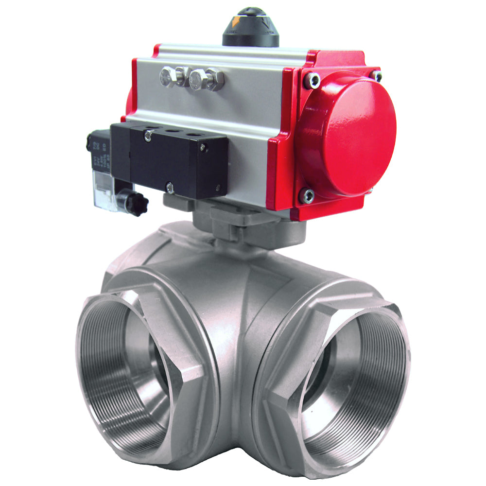 Stainless steel ball valve DNOVA 3h-l-rpss316200mm-iso-pnevpr-sa-rasp-24v, body material - stainless steel AISI 316, ball material - stainless steel AISI 316, seal - PTFE, pneumatic actuator operated