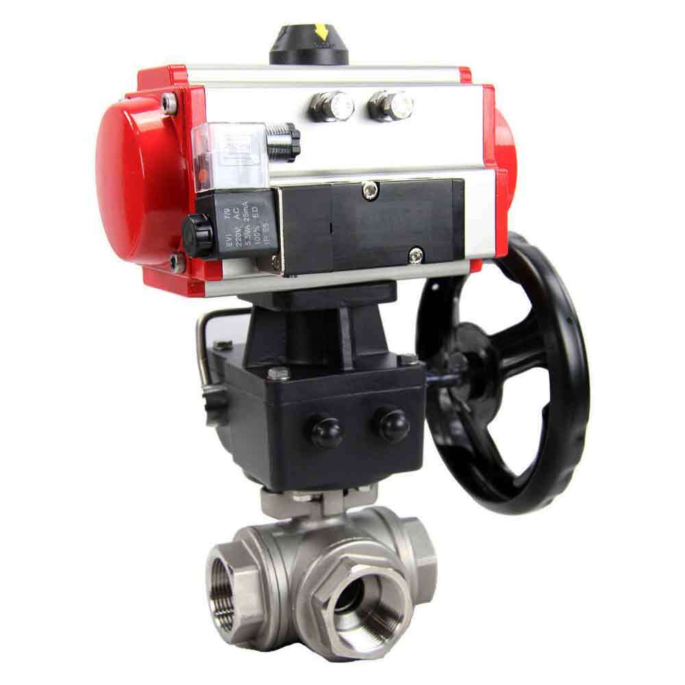 Stainless steel ball valve DNOVA 3h-l-rpss316200mm-iso-pnevpr-da-rasp-110/220v-hdm, body material - stainless steel AISI 316, ball material - stainless steel AISI 316, seal - PTFE, pneumatic actuator operated