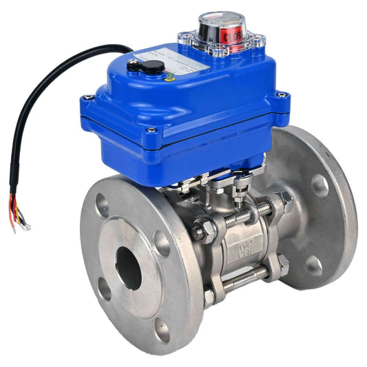 Stainless steel ball valve DNOVA BVFPT-ISO.316.180 three-part, body material - stainless steel SS316, seal - PTFE, flanged, full port, electric actuator DNOVA 003 blue 24 V