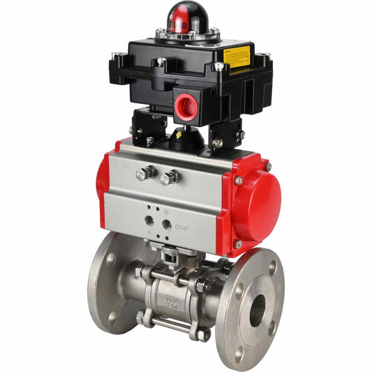 Stainless steel ball valve DNOVA BVFPT-ISO.304.180 three-part, body material - stainless steel SS304, seal - PTFE, flanged, full port, pneumatic actuator DNOVA DA, limit switch block APL-410N EX