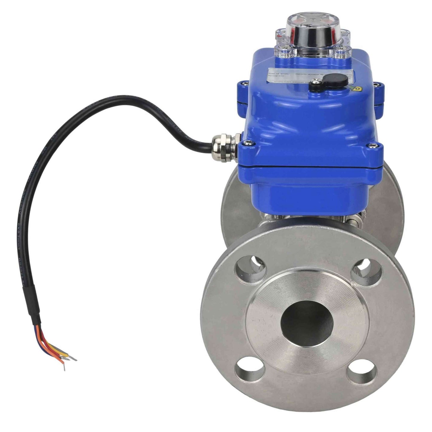 Válvula de bola de acero inoxidable DNOVA BVFPT-ISO.316.180 de tres piezas, material del cuerpo: acero inoxidable SS316, junta: PTFE, brida, paso completo, actuador eléctrico DNOVA 003 azul 24 V