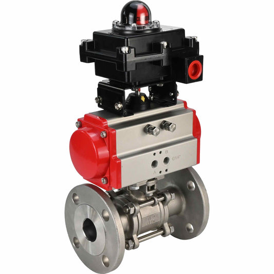 Stainless steel ball valve DNOVA BVFPT-ISO.316.180 three-part, body material - stainless steel SS316, seal - PTFE, flanged, full port, pneumatic actuator DNOVA SA, limit switch block APL-410N EX