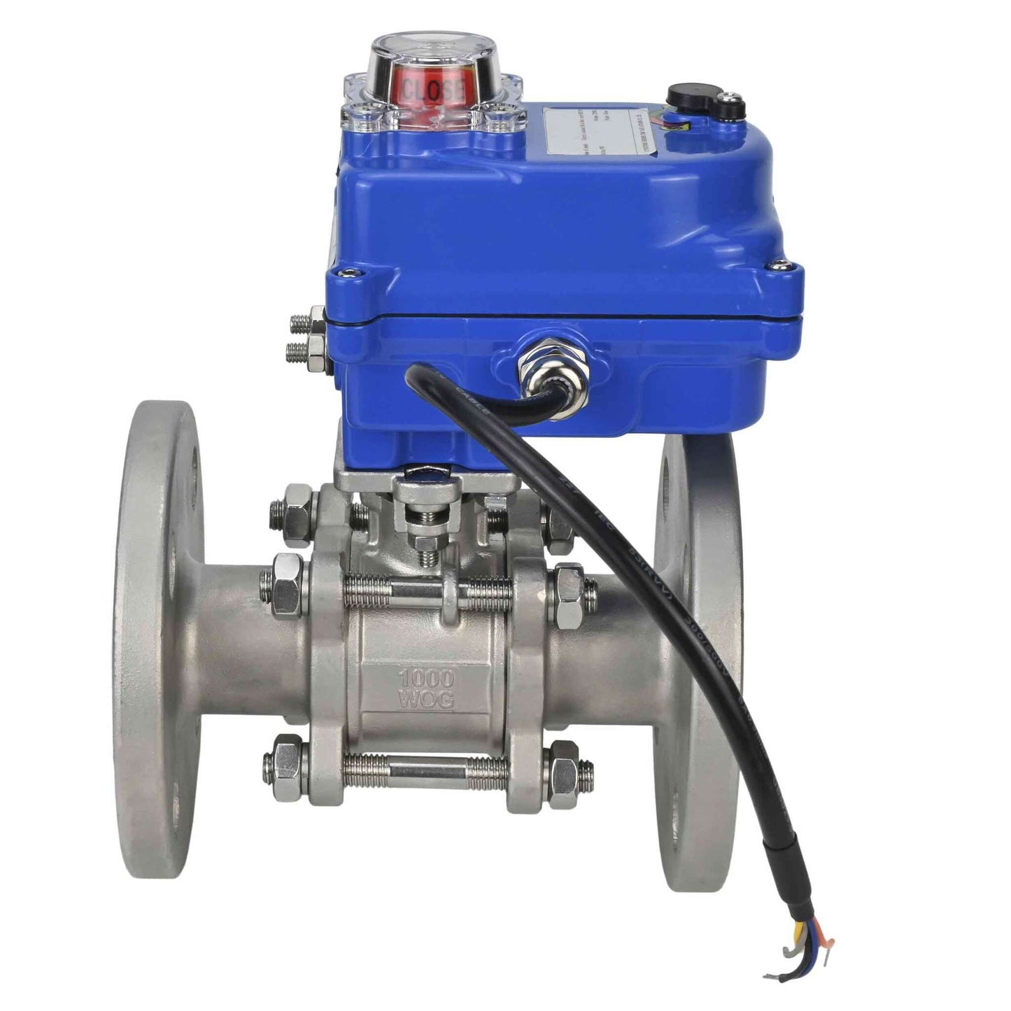 Válvula de bola de acero inoxidable DNOVA BVFPT-ISO.316.180 de tres piezas, material del cuerpo: acero inoxidable SS316, junta: PTFE, brida, paso completo, actuador eléctrico DNOVA 003 azul 24 V
