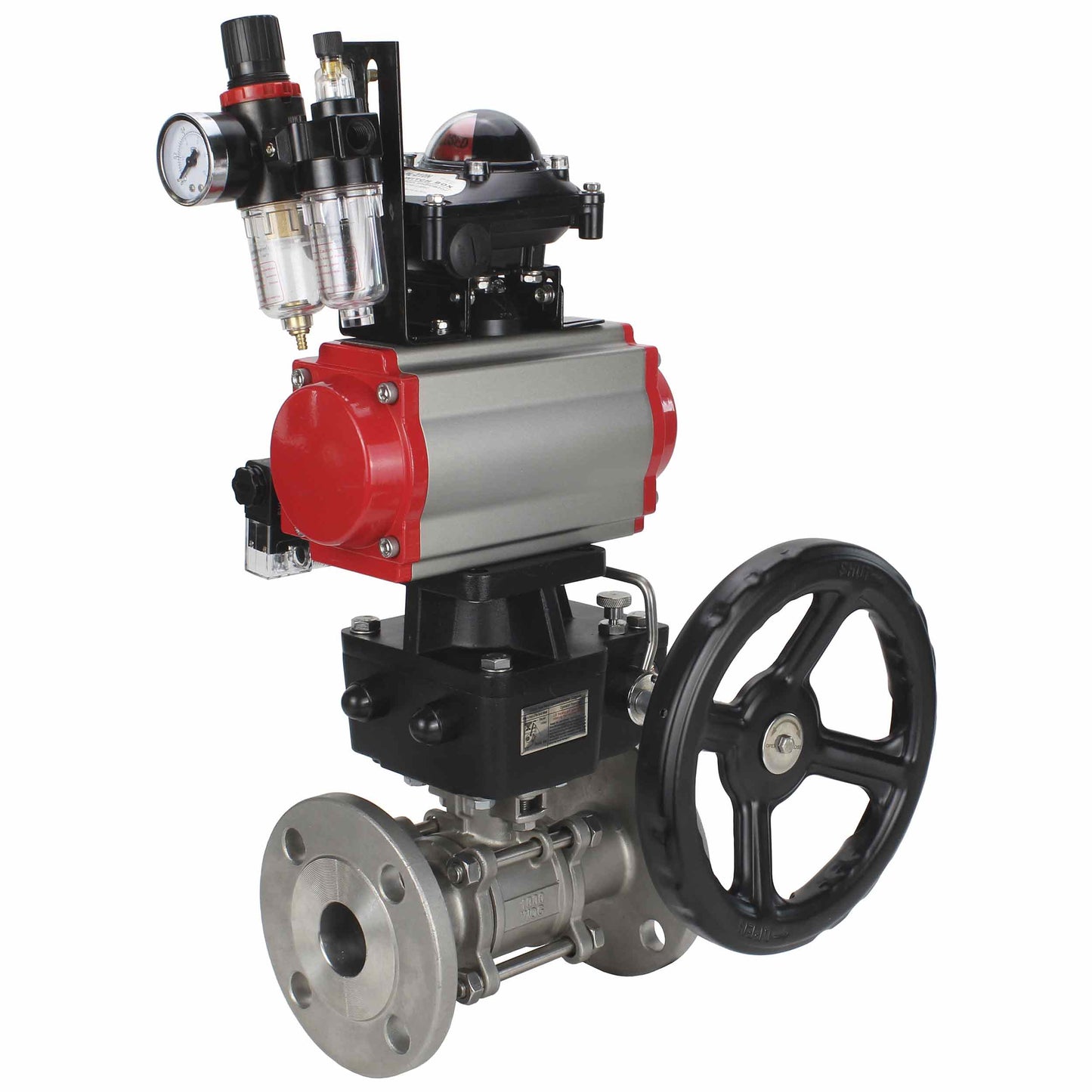 Stainless steel ball valve DNOVA ksfpt-304-180-da-4m310-24v-apl210n-hdm-afc2000, body material - stainless steel AISI 304, ball material - stainless steel AISI 304, seal - PTFE, pneumatic actuator operated