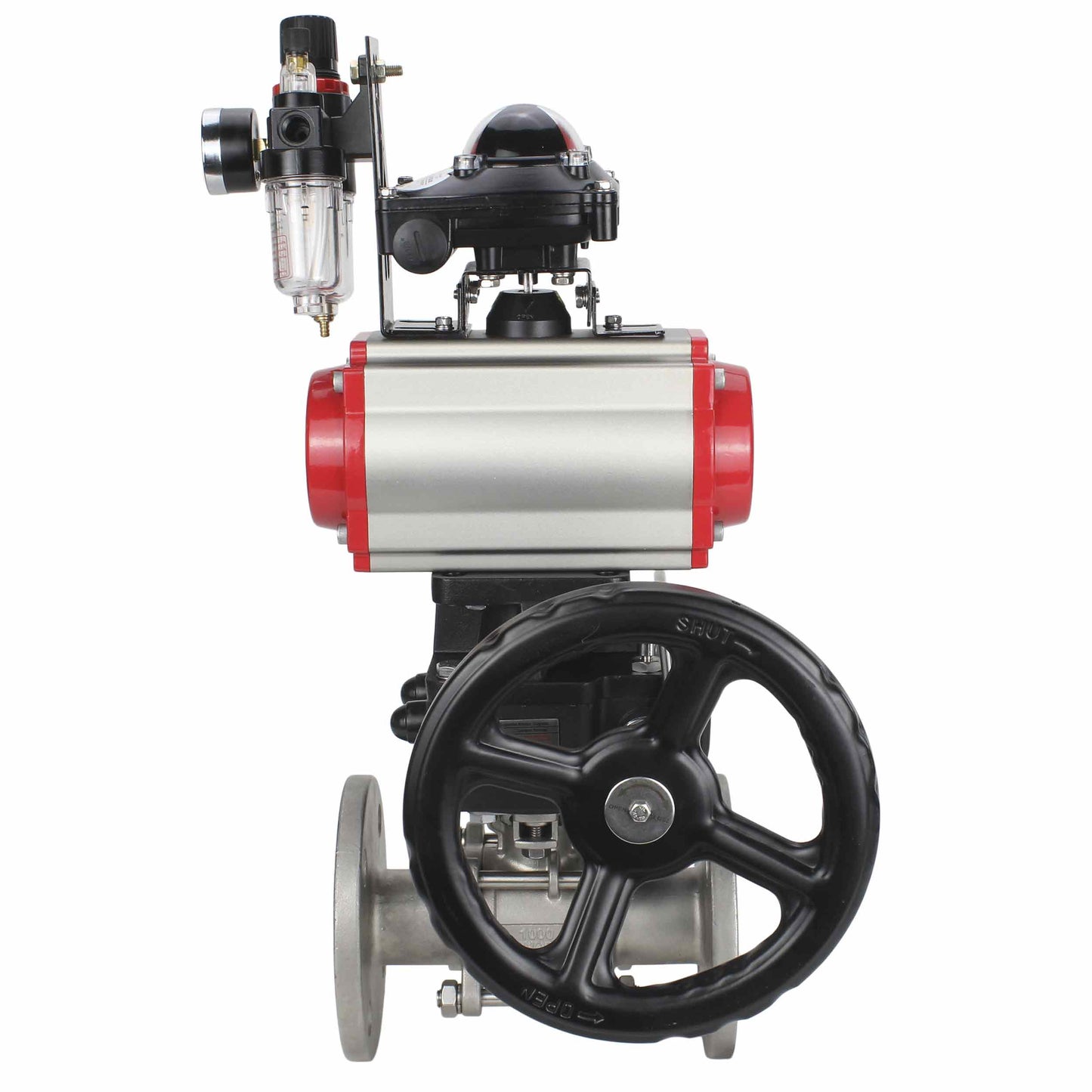 Stainless steel ball valve DNOVA ksfpt-304-180-da-4m310-110/220v-apl210n-hdm-afc2000, body material - stainless steel AISI 304, ball material - stainless steel AISI 304, seal - PTFE, pneumatic actuator operated