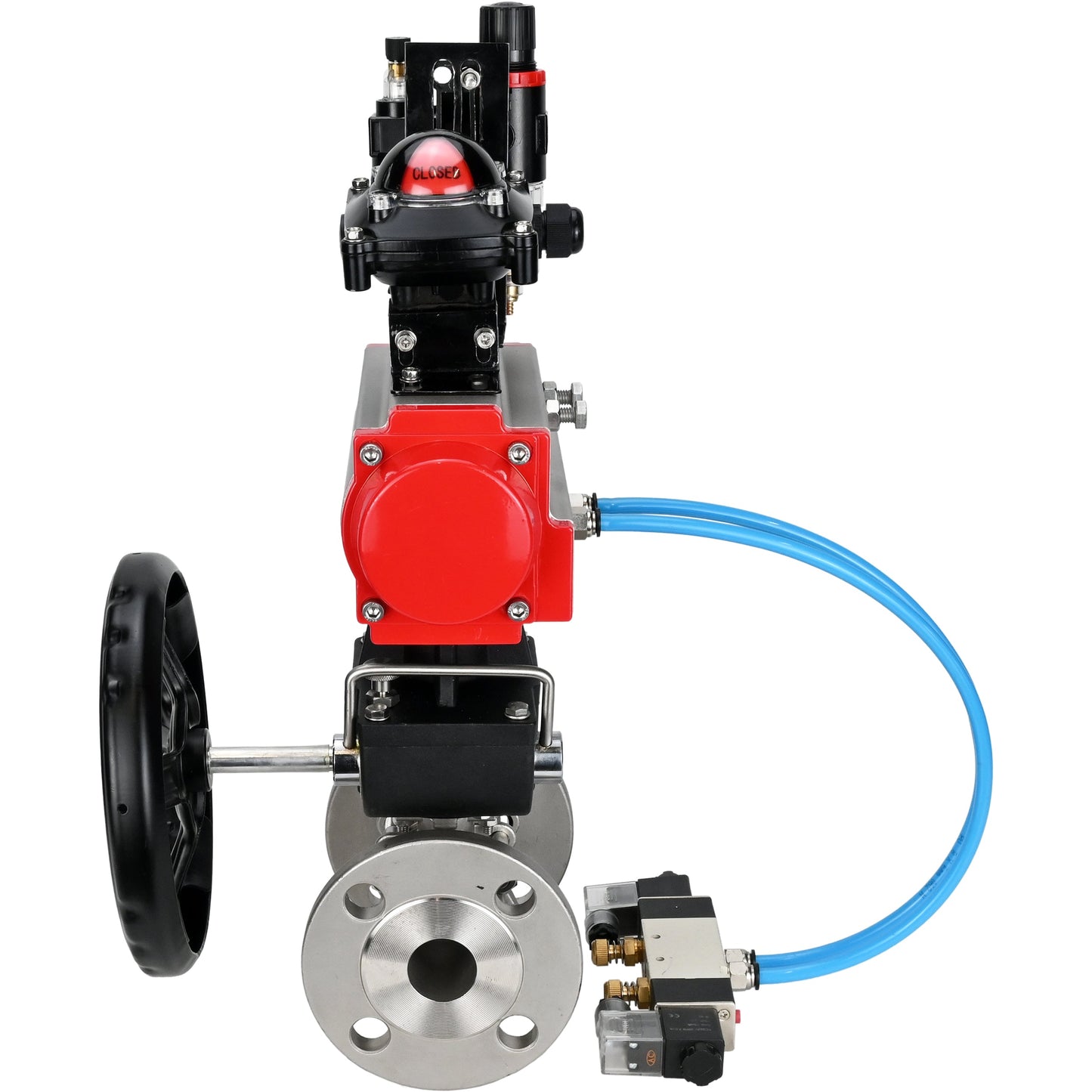 Ball valves DNOVA BV3131P(3pc)-FP-F-ISO-H DN15-40 16 bar, three-piece full bore flanged, stainless steel SS304, PTFE, with pneumatic drive PA-DA, with pneumatic distributor 4V320-08 220V, with LSU APL-210N, manual Doubler MON1-250-T26-ISO, with ATU AFC