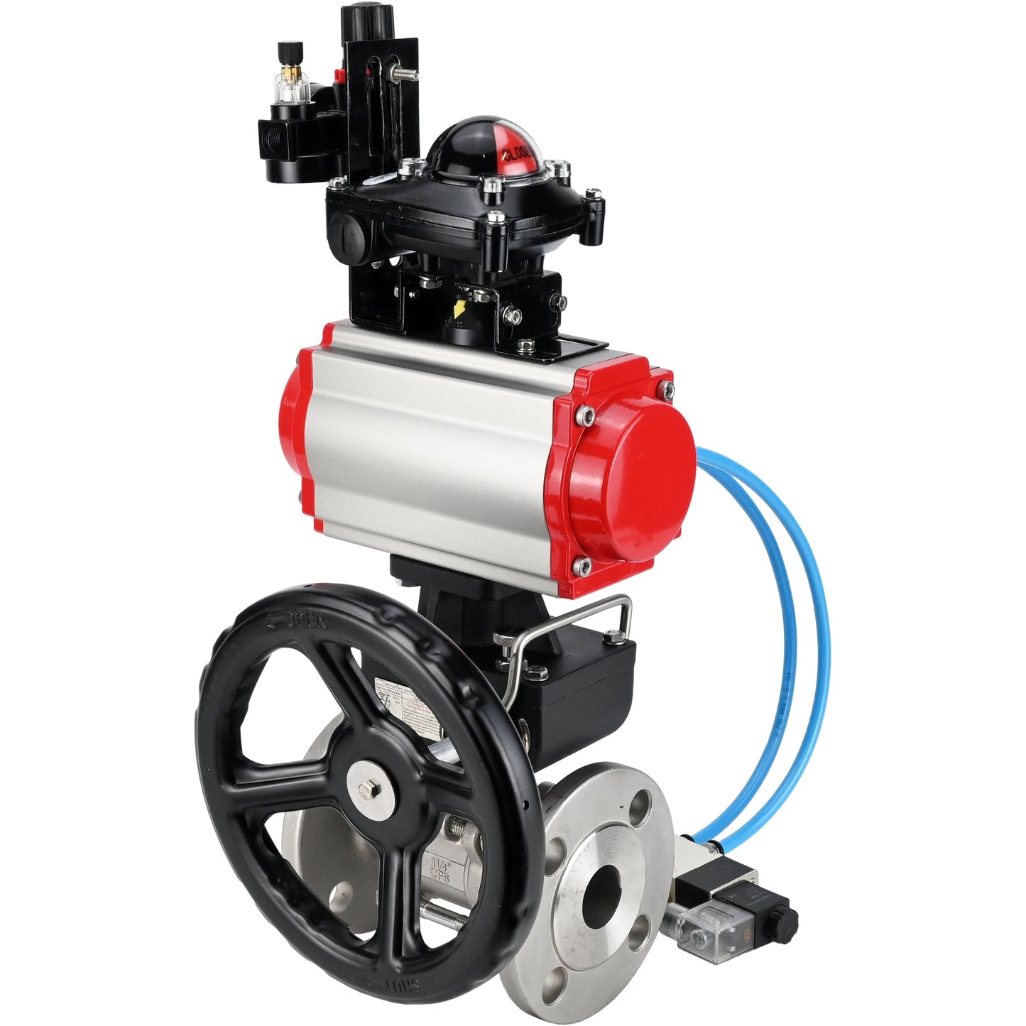 Ball valves DNOVA BV3131P(3pc)-FP-F-ISO-H DN15-40 16 bar, three-piece full bore flanged, stainless steel SS304, PTFE, with pneumatic drive PA-DA, with pneumatic distributor 4V320-08 220V, with LSU APL-210N, manual Doubler MON1-250-T26-ISO, with ATU AFC